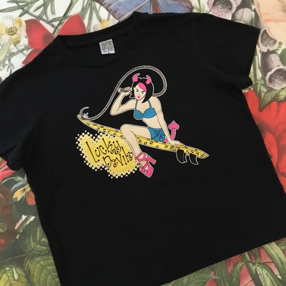 Lucky Devils Tops - Lucky Devils Surfer Girl with whip black T-Shirt